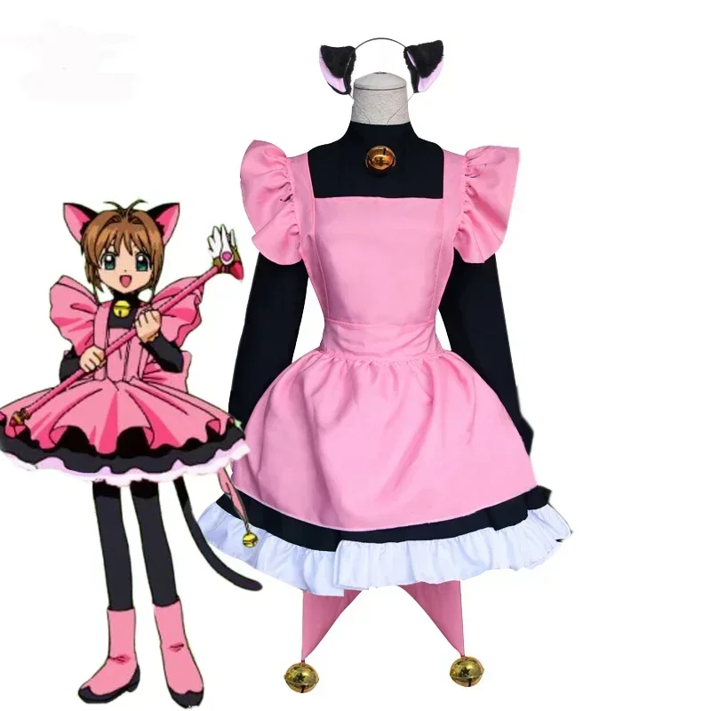 

New Card Captor Sakura Anime Cosplay Costume Black Pink Cat Dress With Lolita Furry Ear Wigs For Women Girls Customized