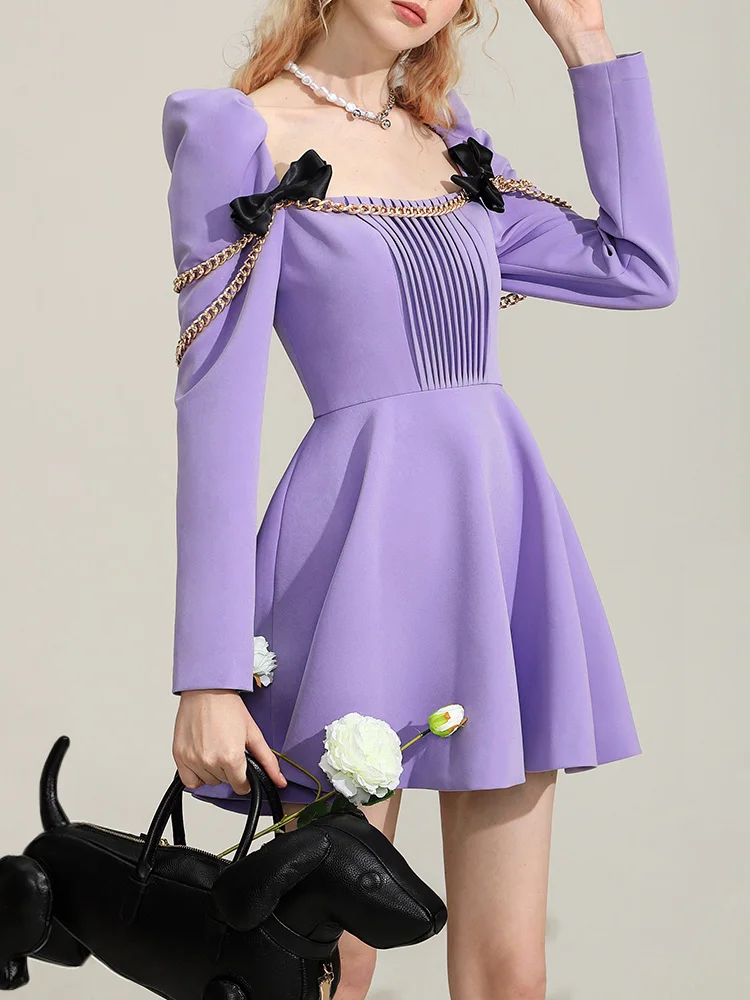 High-End Elegant Purple Dress for Women Dresses 2024 Spring and Summer Design Beautiful Girl Bow Chain Midi Dress Party Vestidos