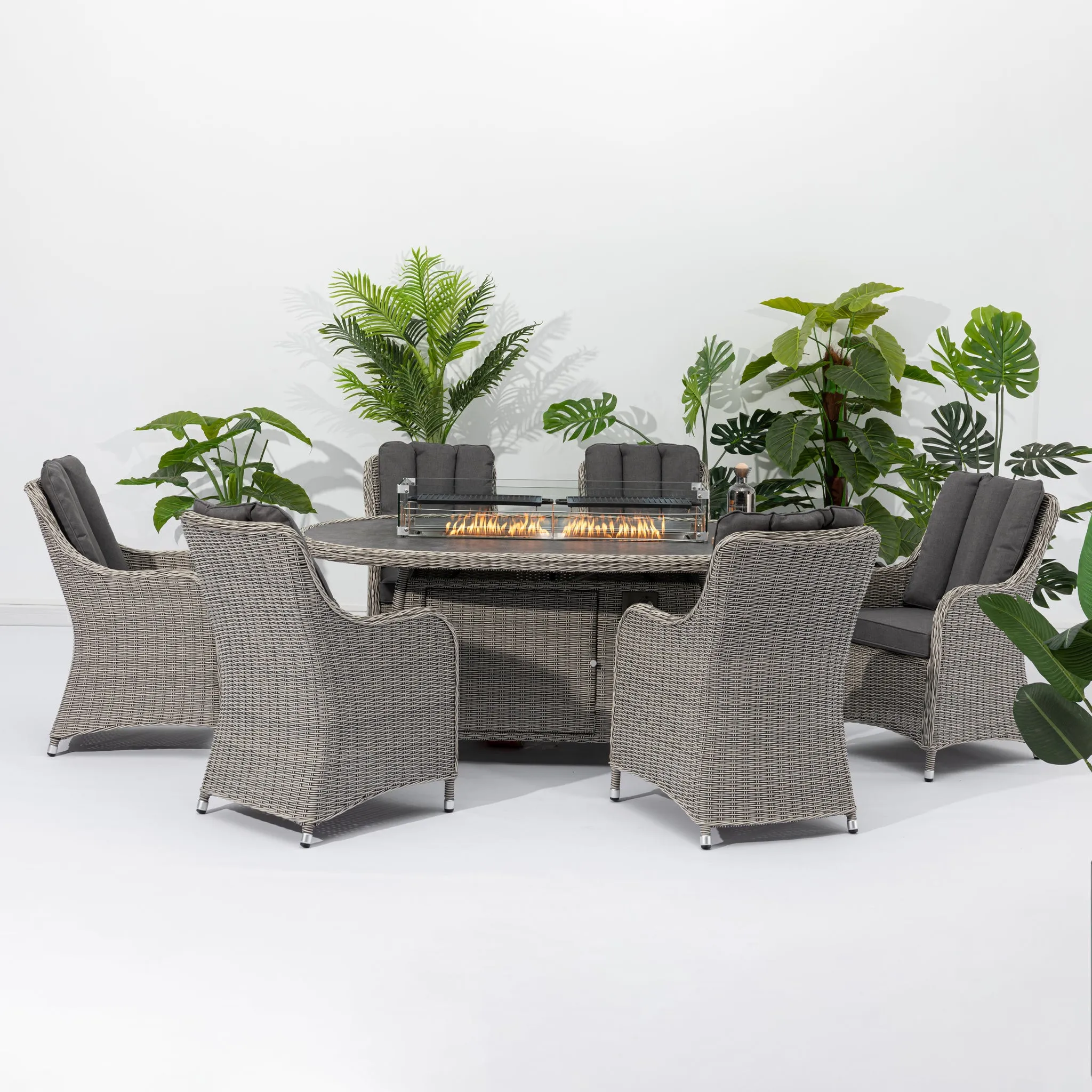 Garden Metal Wicker Chairs Outdoor Waterproof Furniture Patio Rattan Dining Set with Fire Pit Table