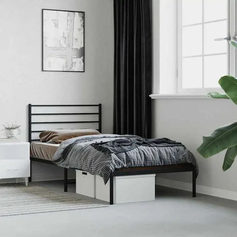 Cadre de lit métallique VidaXL noir 107 x 203 cm en acier thermolaqué avec tête de lit, sommier à lattes métalliques et pieds centraux, bon soutien dorsal, espace de rangement sous le lit, design