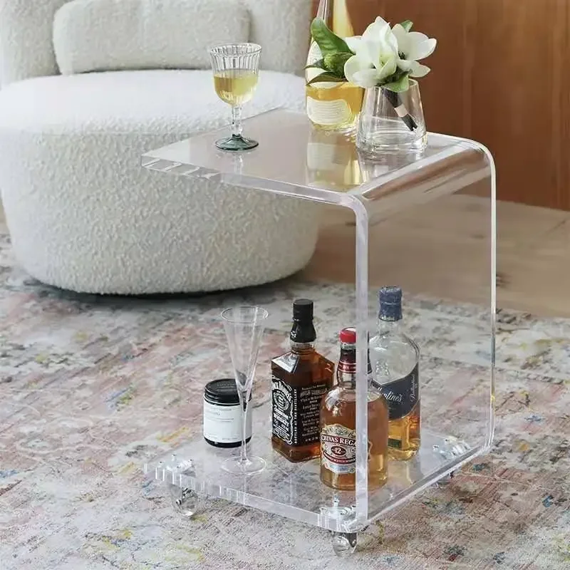 

Acrylic edge table, movable coffee table with wheels, transparent bedside table, simple household small cart