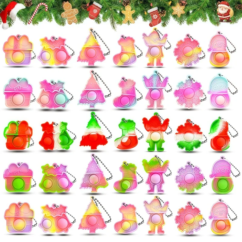 20pcs Mini Pop Keychains Stress Relief Toy Tree Hanging Ornaments Christmas New Year Party Gift Home Decoration Fidget Toys