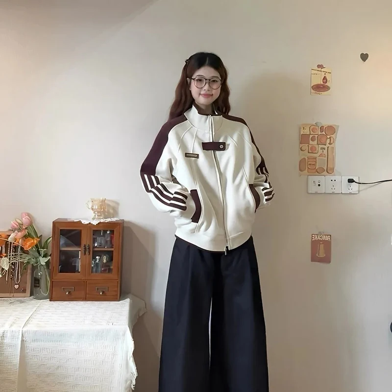 Americano retalhos jaqueta de beisebol feminino y2k streetwear solto zíper feminino suor outono gola listrado colheita outerwear