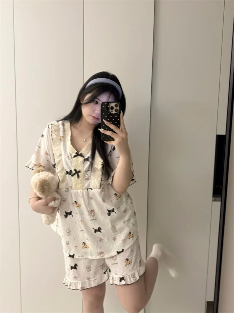 plus Size Cloud Cotton Sleepwear V-Neck Short Sleeve Women's Summer Pajamas Dog Print Comfortable Home Clothes Outwear