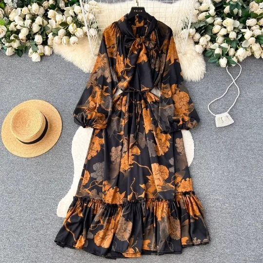 

Ruffles Lantern Sleeve Print Women Dress Ankle Length Dresses Spliced O Neck Loose Fit Casual Pullover Vestidos 2024 Bow