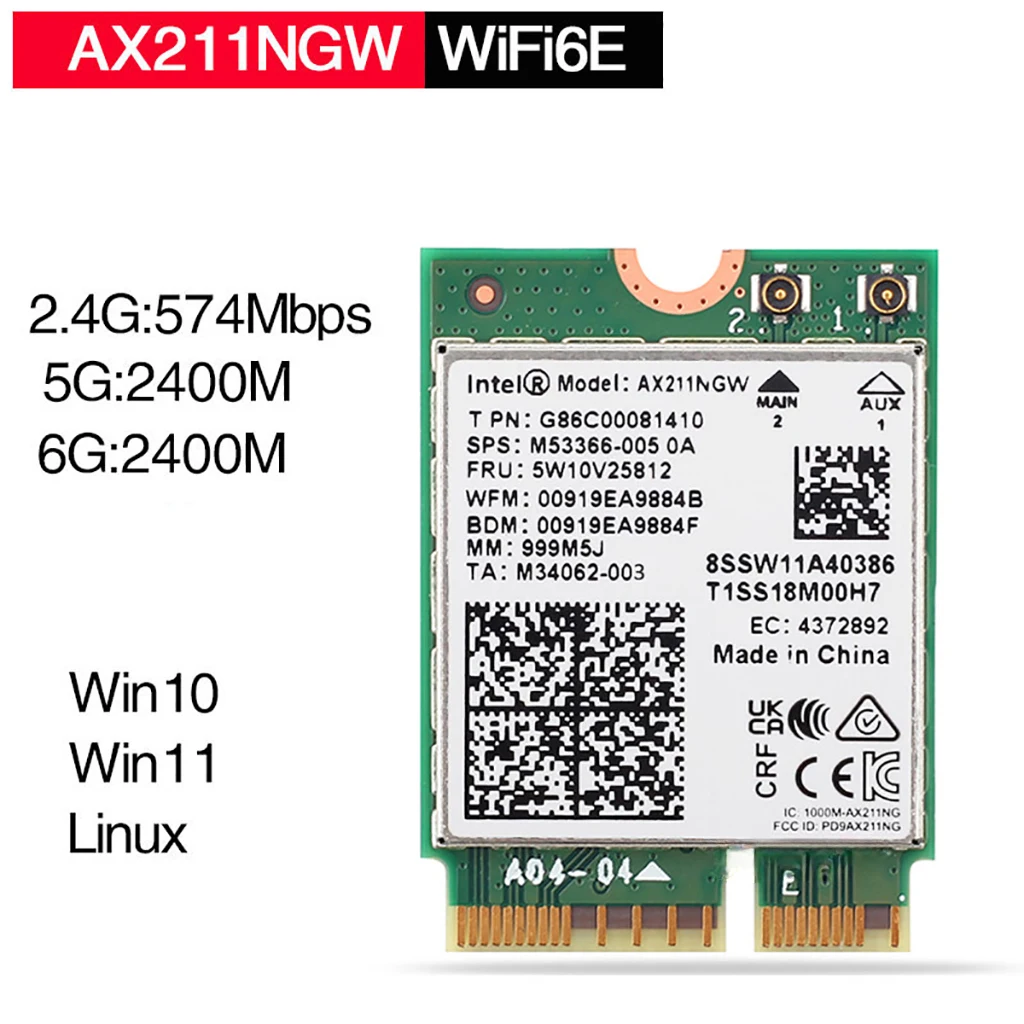 

Трехдиапазонная беспроводная сетевая карта WiFi6E 2,4 Гбит/с, Bluetooth-совместимая 5,3 802.11AX для Wi-Fi-карты Intel AX211NGW M.2 CNVio2