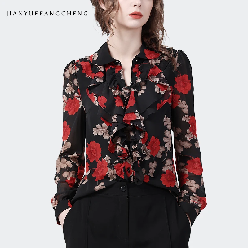 Vintage Black Floral Printed Women\' Long Sleeve Chiffon Blouse Ruffles Top Loose Plus Size 2023 Spring Summer Casual Work Shirts