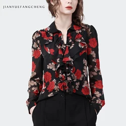 Vintage Black Floral Printed Women' Long Sleeve Chiffon Blouse Ruffles Top Loose Plus Size 2023 Spring Summer Casual Work Shirts