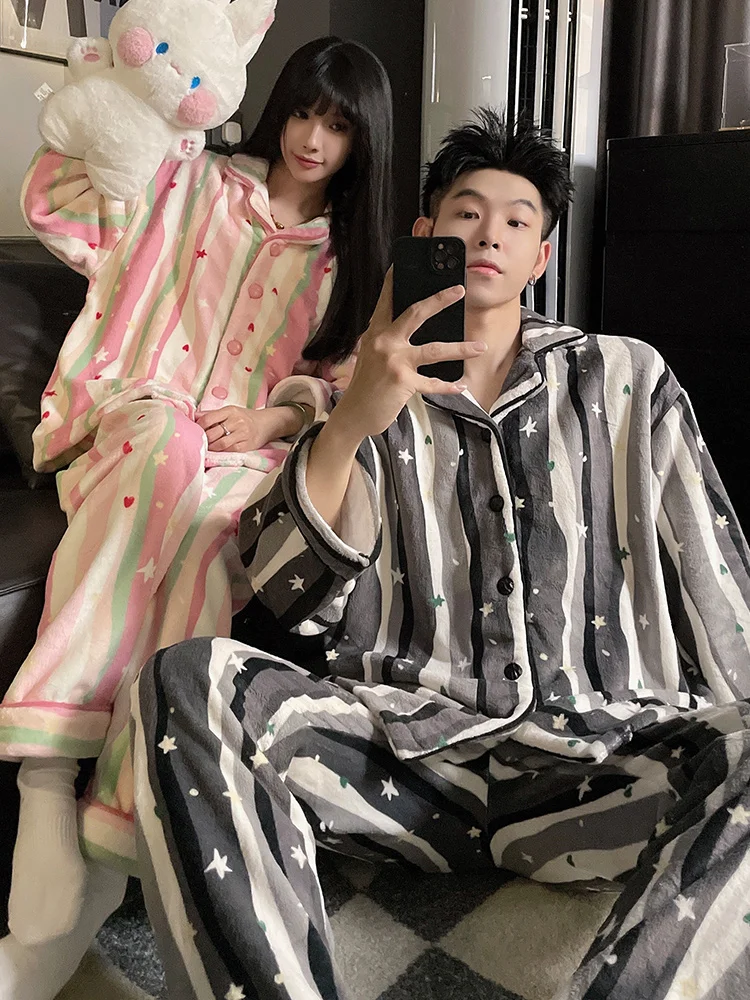 

DAIMELU sleepwear set striped couple pajamas women's autumn and winter coral fleece flannel thickened warm men's loungewear suit