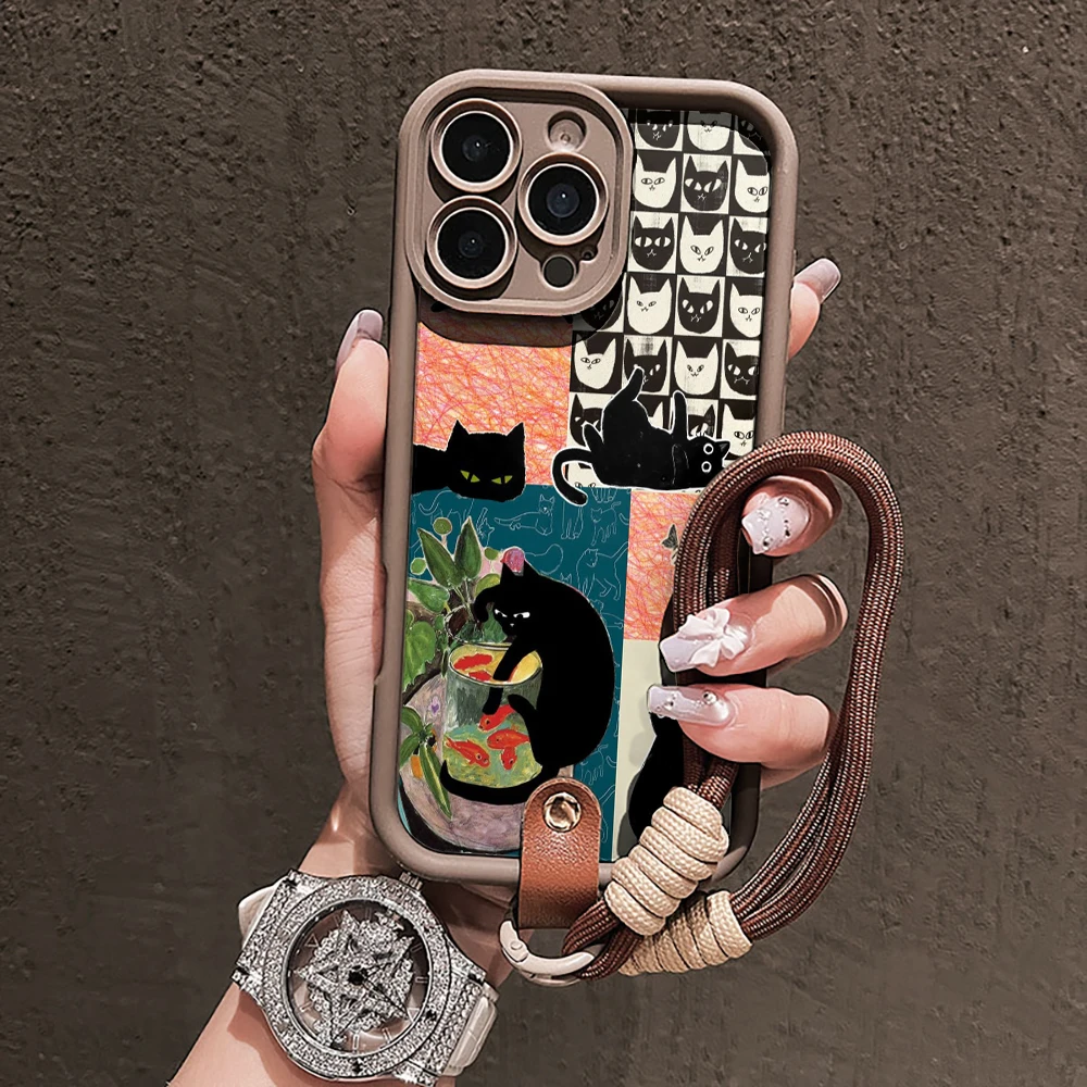 Modische Katzen-Collage-Silikon-Handyhülle für iPhone 16 17 Pro 15 14 13 12 11 Pro Max 16E 7 8 Plus XR XS mit Lanyard-Hülle – Detail 8