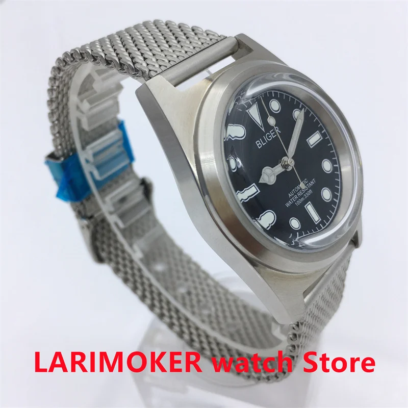 BLIGER 38mm frosted steel case Vintage Dome Glass luminous black dial 24 Gem NH35A PT5000 Automatic Watch for Men mesh strap