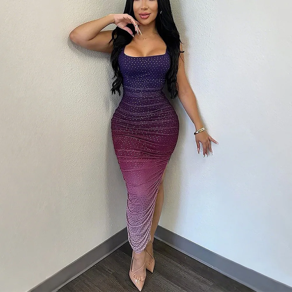 

Sexy Dresses for Woman Spaghetti Strap Diamond Slim Side Split Ankle Length Elegant Evening Night Party Club Vestidos Mujer Robe