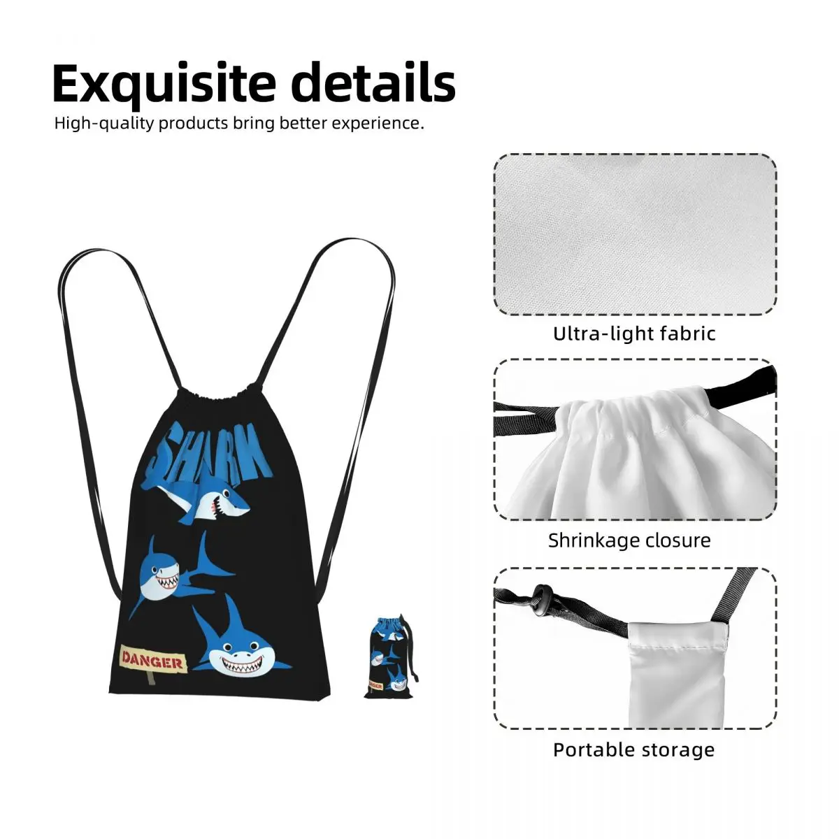 Funny Shark Danger - Crazy Sark Lady Drawstring Backpack Sports Gym Bag Portable Travel Drawstring Bag for Men Women
