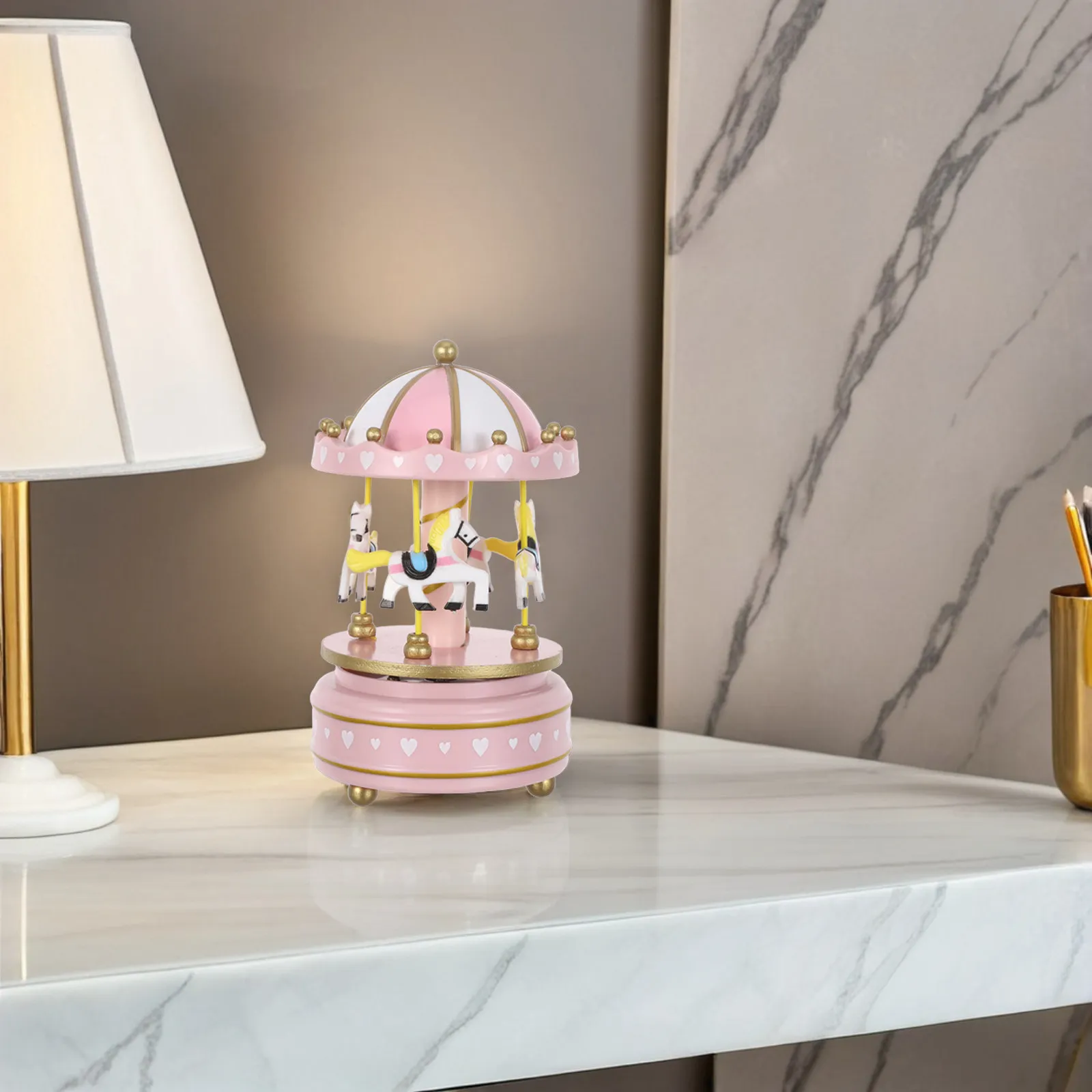 Wooden Carousel Music Box Pink Rotating Wind-Up Moving Horses Christmas Birthday Present Holiday Tabletop Ornament Music Box
