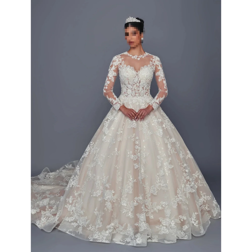 Customized Ivory Lace Long Sleeved Wedding Dress 2026 Phantom Transparent Collar A-line Fluffy Ball Gown Suitable for Parties