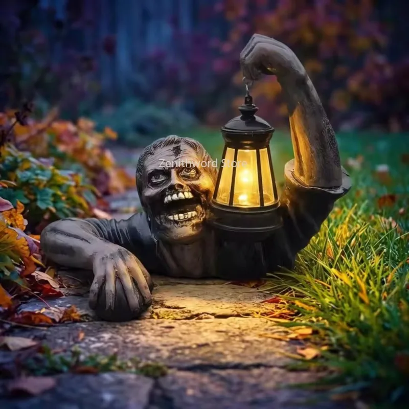 Statua di Zombie con Torcia, Figura di Zombie Illuminata con Torcia, Decorazione di Halloween, Ornamento Spaventoso e Inquietante