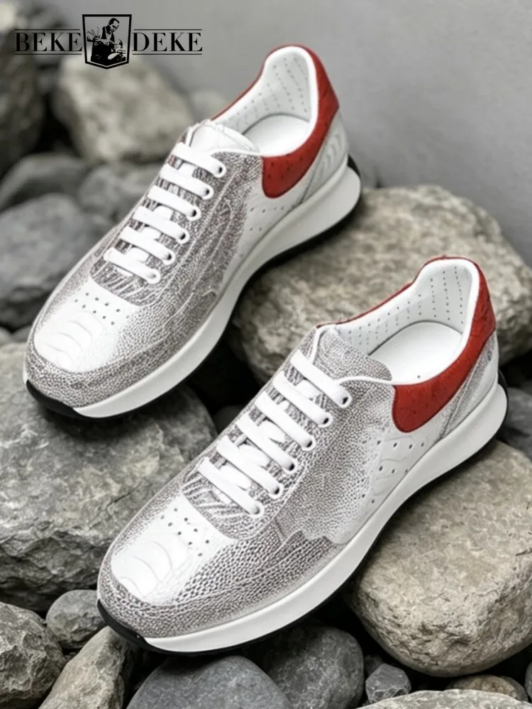Luxury Men Ostrich Real leather Sneakers Mixed Colors Lace Up Casual Shoes Thick Platform Genuine Leather Joggers Trainers Shoes