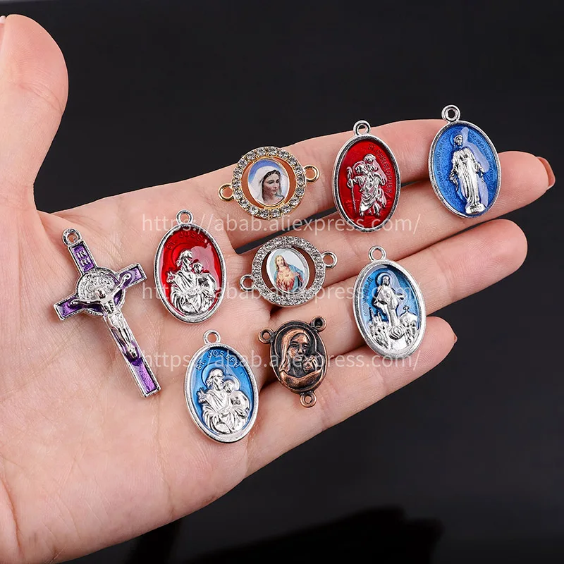 10 pieces/New Catholic rosary gold plated pendant Blue Virgin Medal, many Jesus Christ statues necklace bracelet connector