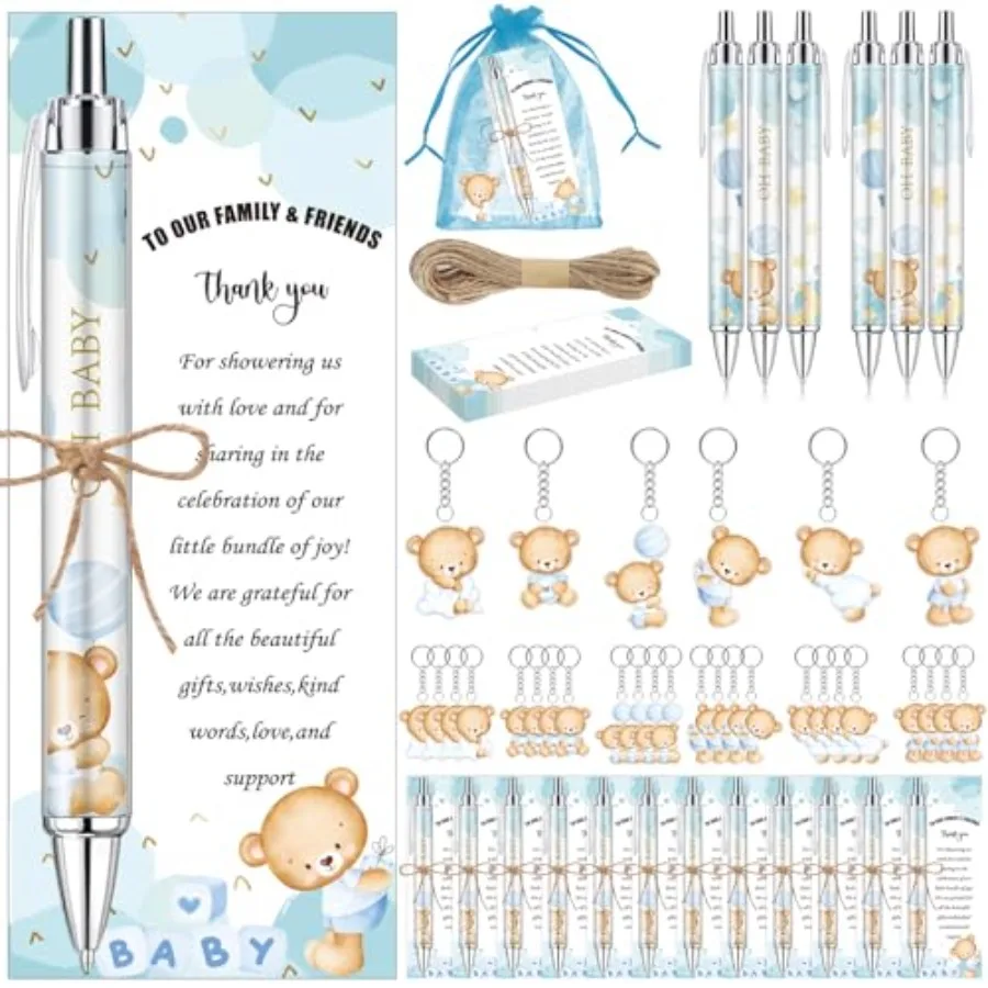 

289 Pieces Baby Shower Gifts for Guest Blue Bear Ballpoint Pens and Keychains Favors Bulk Retractable Baby Shower Pens Gender R