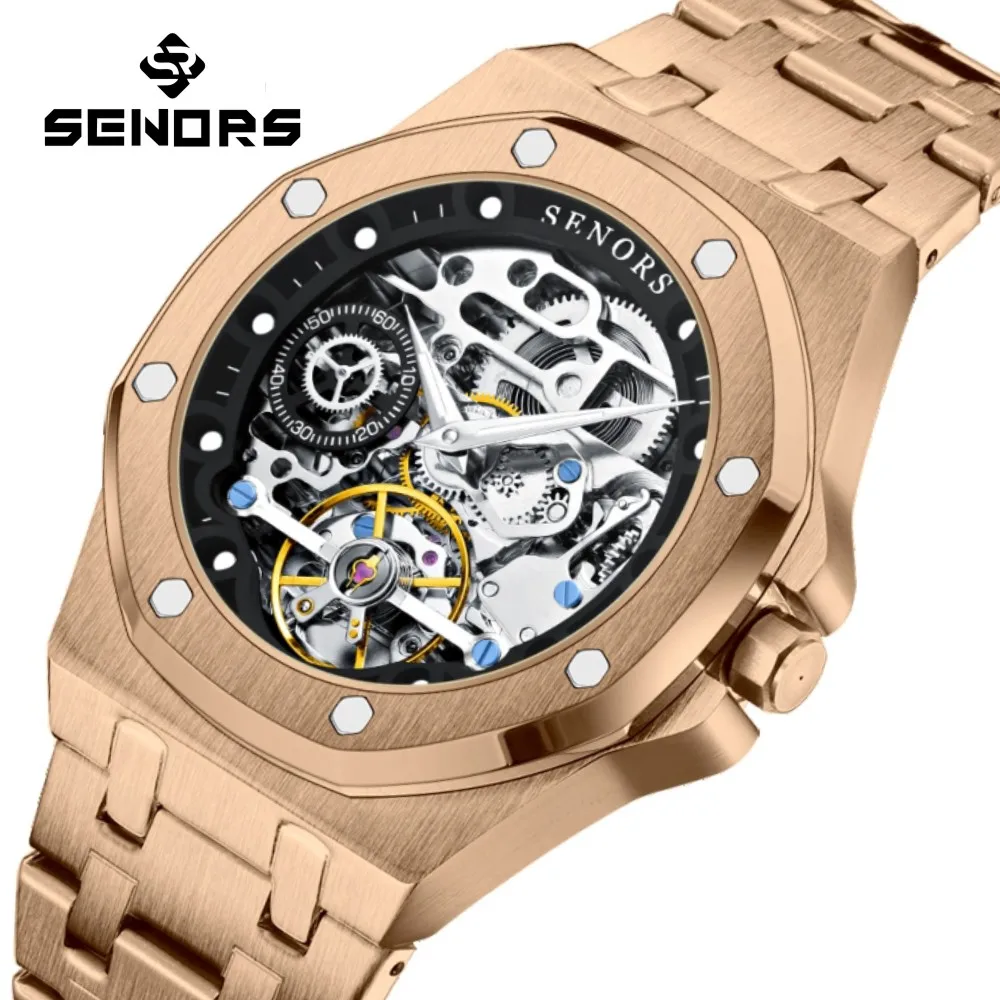 SENORS SN206 Men`s Watch Automatic Sapphire Glass Mechanical Watches Men 316L Skeleton Clock Hollow out Tourbillon Watch 3ATM