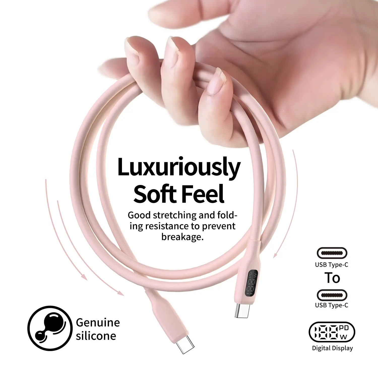 100W USB C Fast Charging Cable , Super Flexible Silicone Charger Cable Pink, for Phone Tablet Laptop