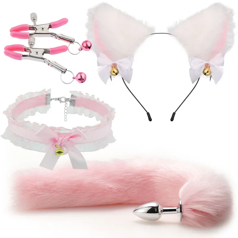 Lindo tapón Anal de cola de zorro con lazo, diademas suaves con orejas de gato, Collar, Cosplay erótico, accesorios para parejas, Juguetes sexuales SM para mujer y hombre