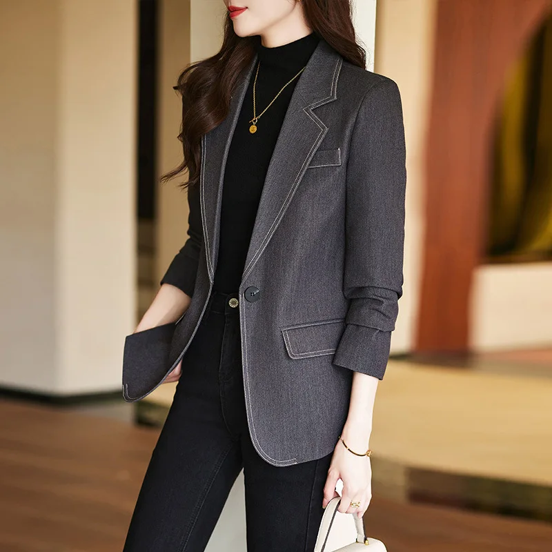  Tesco New Style Blazer Suit Long Sleeve Blue Jacket Single Button Casual Senior Coat Women Outerwear 2023 Autumn Winter