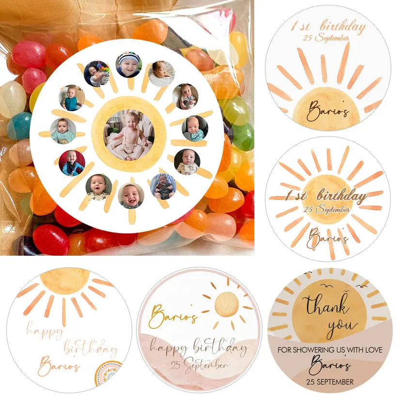 

Baby Shower Personalized Favor Sticker First Trip Around the Sun Birthday Label Stickers Custom Text Kids Party Sweet Bags Label