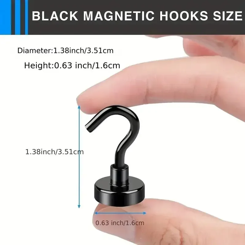 6Pcs Black Magnetic Hook 15 Lbs (Approx 7Kg) Indoor Hangings, Kitchens, Workplaces, Offices and Garages