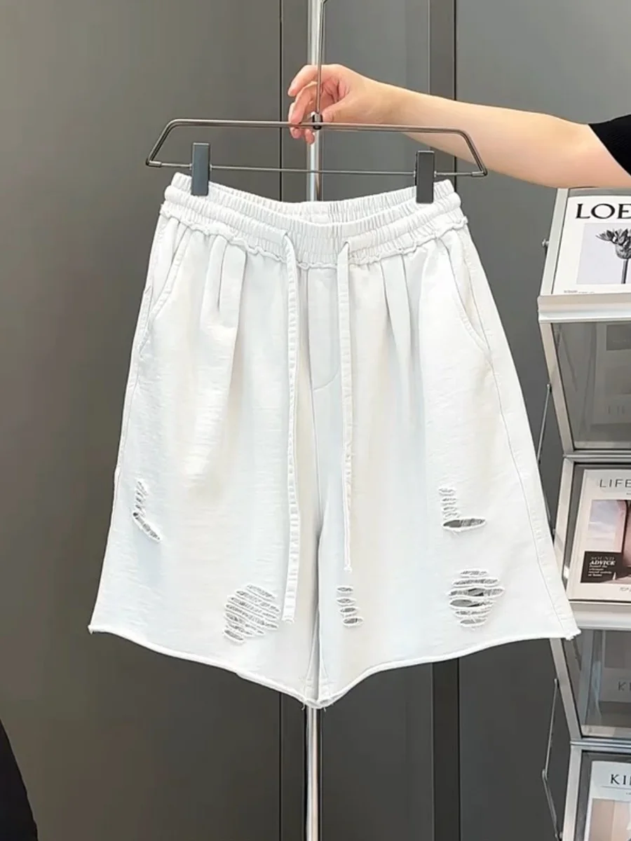 

Модные повседневные мужские шорты-бриджи с рваными краями, лето 2025, новинка, молодежные прямые брюки для отдыха