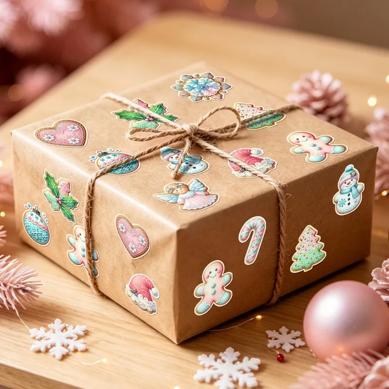 200pcs/roll Christmas Gingerbread Stickers Cute Gingerbread Man Snowman Decal Label for Gift Wrapping Scrapbooking Party Favor