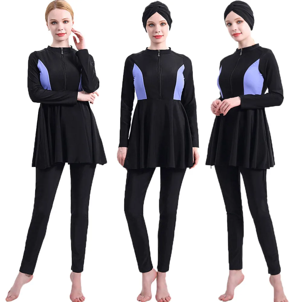 

3pcs Women Muslim Burkini Swimsuit Modest Swimwear Islamic Hijab Swimsuit Full Cover Hijab Tops Cap Swim Pants Bathing Suit