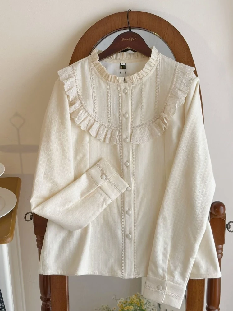 

Warm Thicke Lolita Shirts Solid Color Long Sleeve Ruffles Patchwork Blouses Autumn Winter All Match Design Women's Clothing 2025