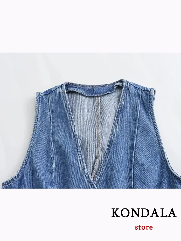 KONDALA Casual Vintage Solid Denim Women Suit Single Breasted Sleeveless Vest Long Straight Split Skirt Fashion 2024 Summer Sets