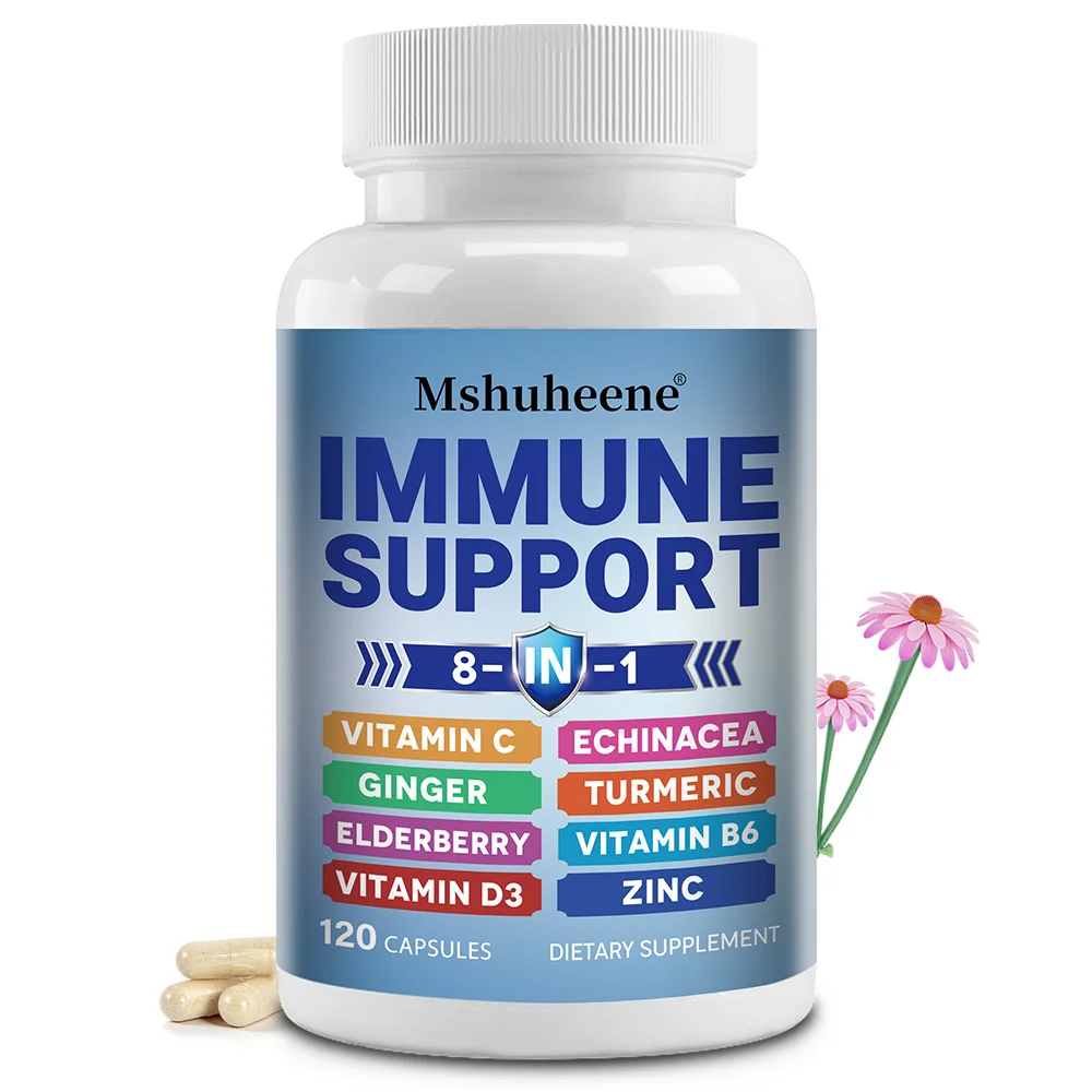 

8 in 1 Immune Support Supplement with Vitamin C, D3, B6, Zinc, Elderberry, Echinacea, Turmeric, Ginger, for Adults