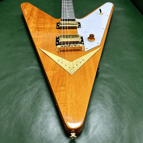 US Warehouse Natural Amber Flying V Electric Guitar Vintage White Pickguard HH Gold Hardware Heavy Metal Guitar Free Shipping