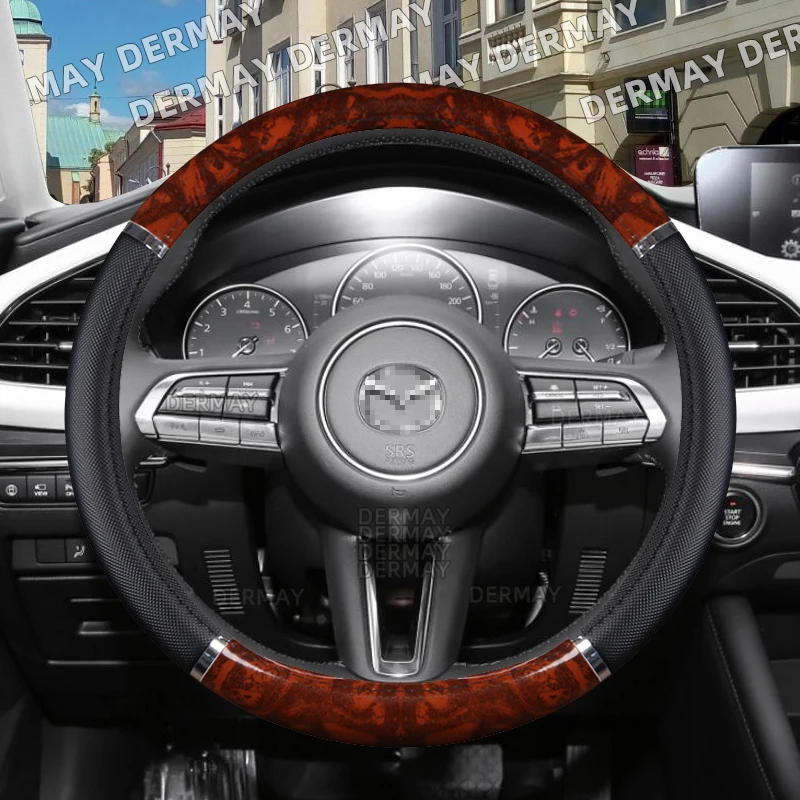 for Mazda CX30 CX-30 MX-30 Car Steering Wheel Cover Mahogany Wood Grain PU Leather Auto Accessories