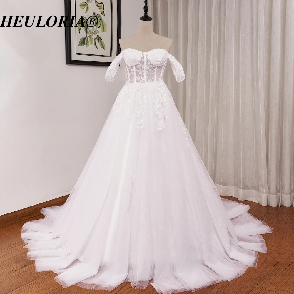 

HEULORIA lace applique A line wedding dress off shoulder long train shinny skirt bride dress Robe De Mariee wedding gown