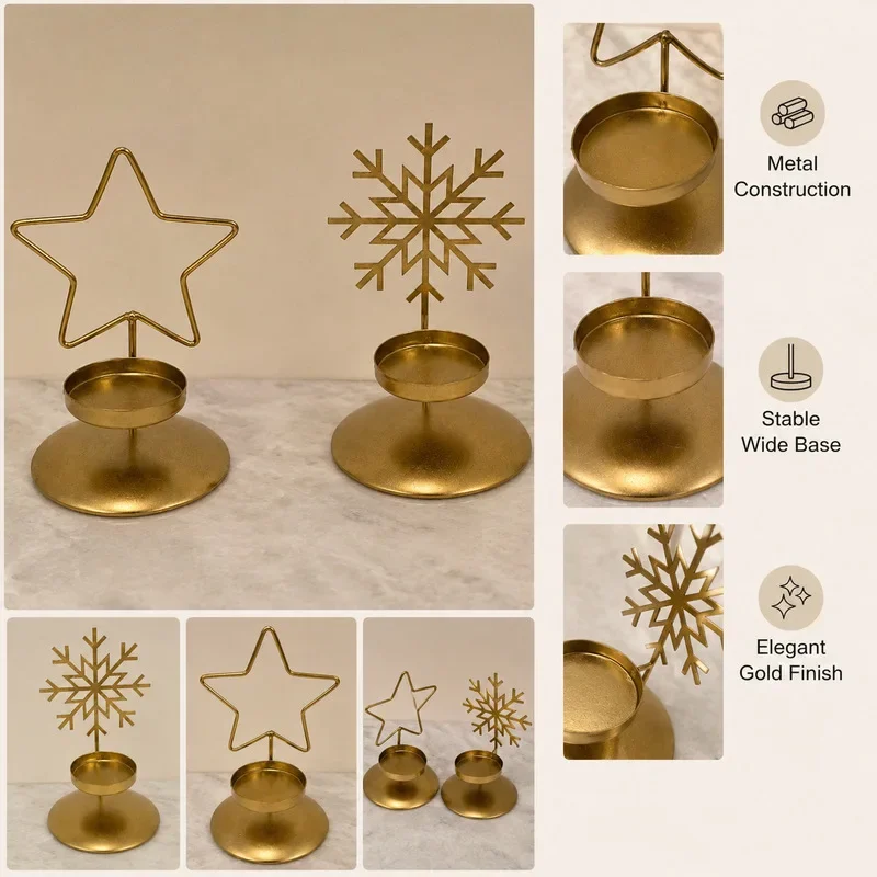 Creative Gold Metal Christmas Candle Holder, Snowflake Star Shaped Tabletop Ornament, Ins‑Style Holiday Desktop Home Decoration