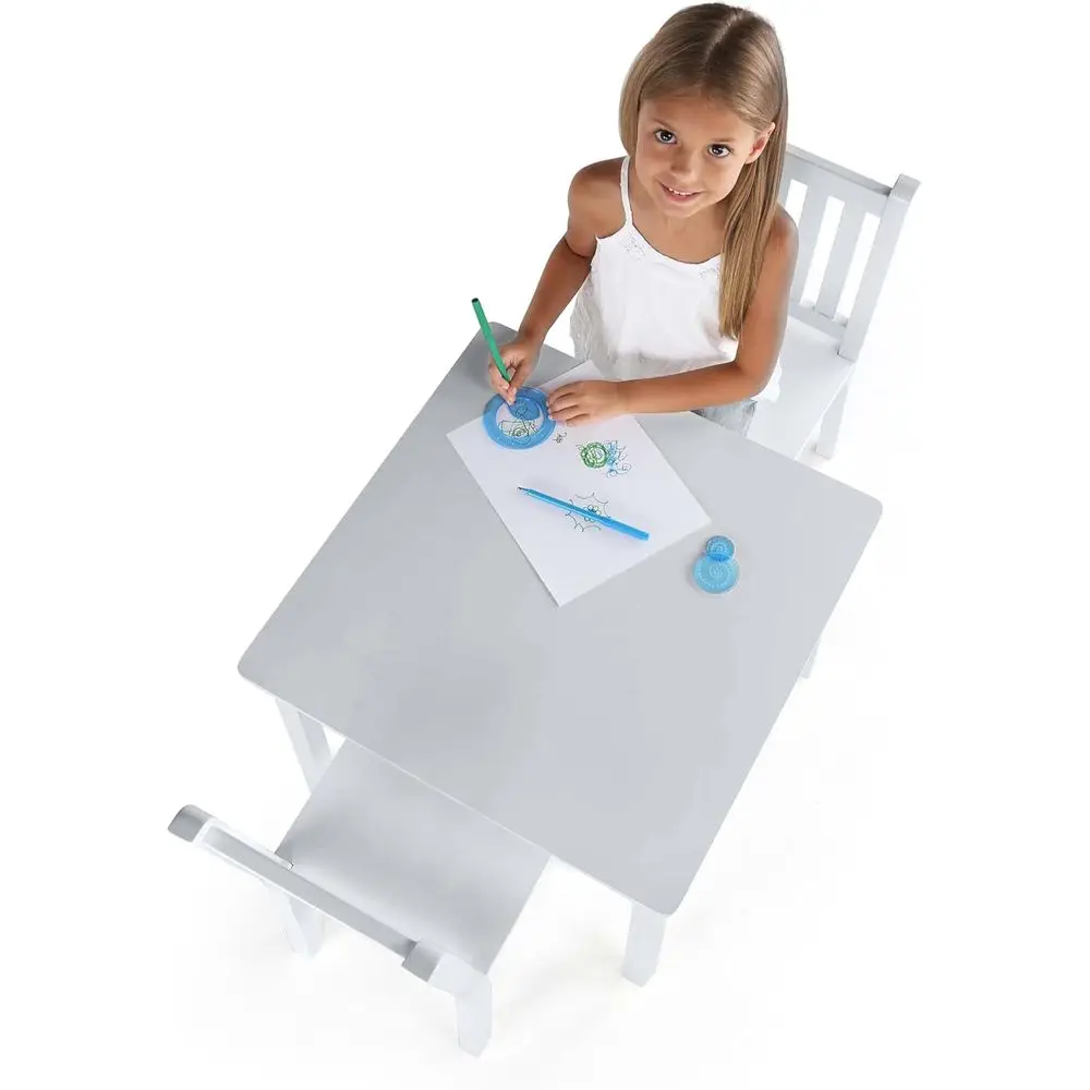 طقم طاولة أطفال مربع أبيض وكرسيين - أثاث خشبي قوي للفنون والحرف اليدوية والوجبات الخفيفة