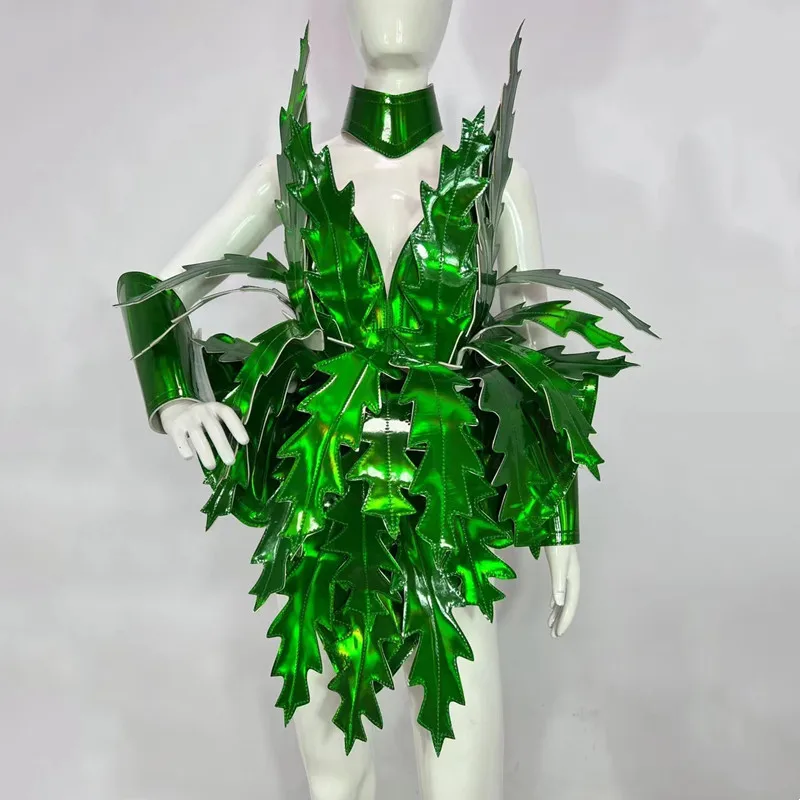 مجموعة أزياء ملكة سحب أوراق الليزر الخضراء المبالغ فيها لملابس أداء الراقصة في الملهى الليلي كرنفال الهذيان
