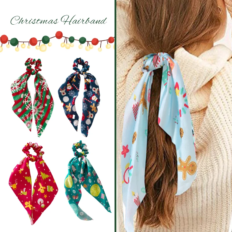 Christmas Scrunchies for Hair Scarf Holiday Hair Scrunchies Silk Hair Scarfs with Ribbon Bow for Woman Girls