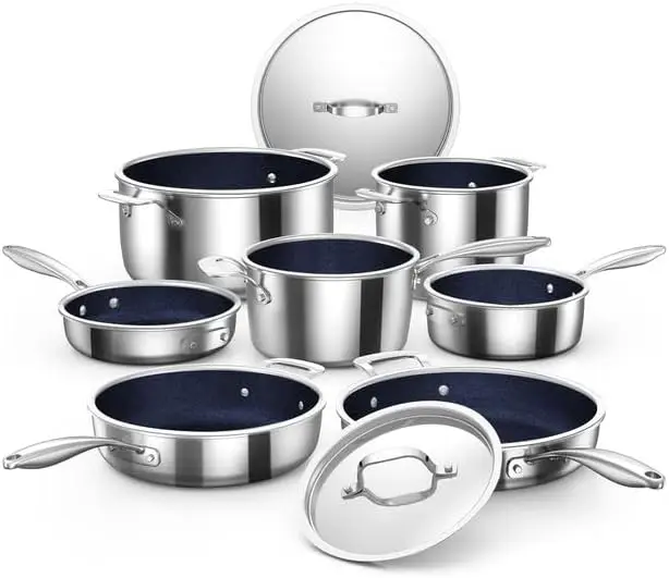 Nuwave Pro-Smart 9Pc Stainless Steel Cookware Set, Healthy Duralon Blue Non-Stick Ceramic Coating, Heavy-Duty Tri-Ply