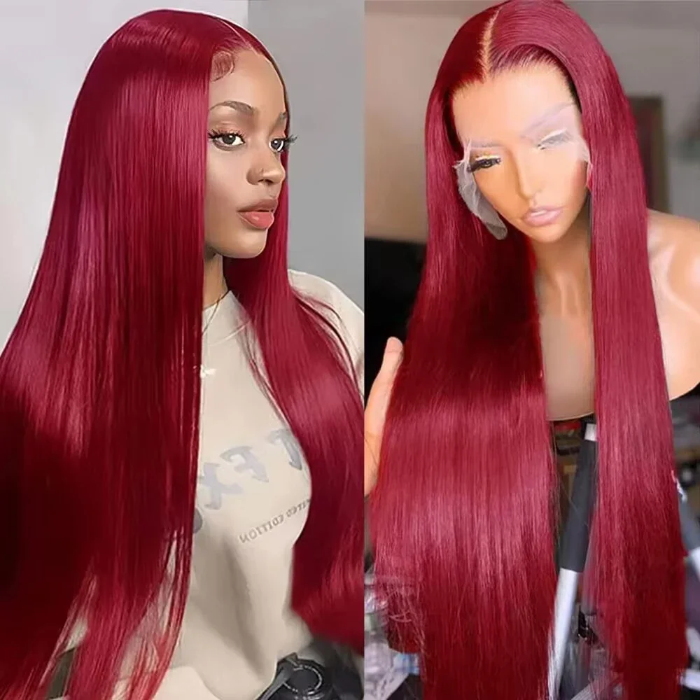 

99J Burgundy Red Colored 36 Inch Straight Wig Human Hair 13x4 HD 13x6 Transparent Lace Frontal Pre Plucked 200 Density Women Wig