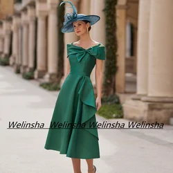 Emerald Green Mother Of The Bride Dress Off The Shoulder Bow Tea Length A Line Satin Party Dresses Guest Gown for Wedding