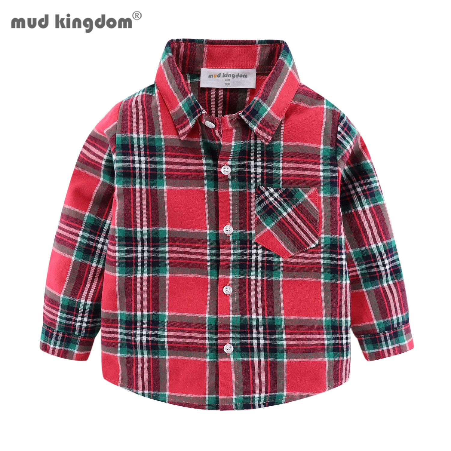 Mudkingdom Big Boy Plaid Cotton Flannel Dress Shirt for Boys Roll-up Long Sleeve Shirts Kids Clothes School Spring Autumn