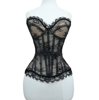 Women Fancy Corset Overbust Bustier With Bra Black Eyelash Bodice Lace Up Steel Bone Lace Strapless Sexy Crop Tops Waist Trainer