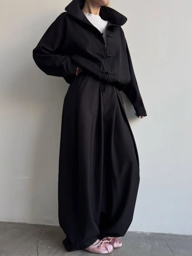 High Neck Solid Jacket Pant Sets Long Sleeve Rope Buckle Casual Coat Loose Baggy Long Trousers 2026 New Women's Matching Sets