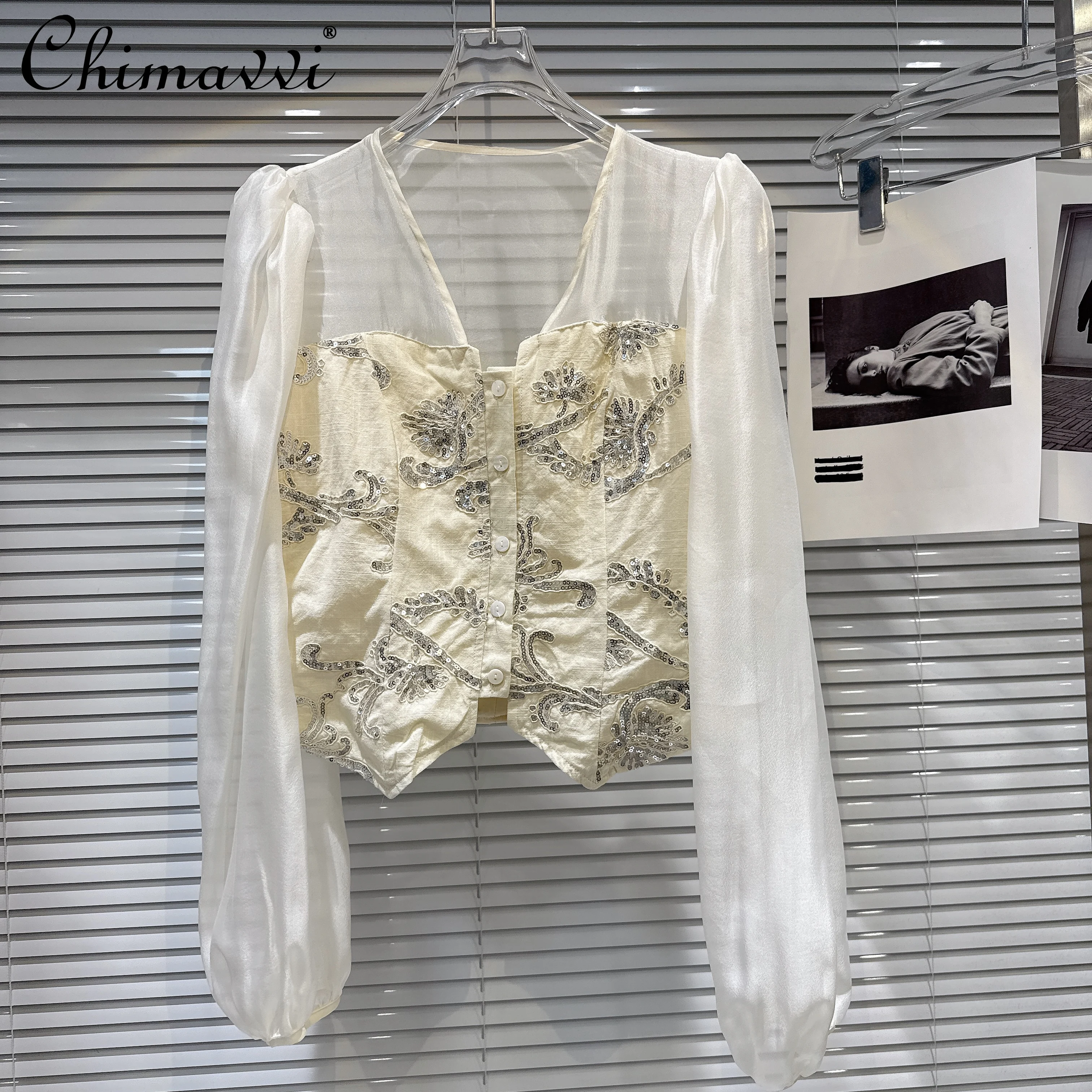 

French Elegant Casual Chiffon Blouse Embroidery Sequin Mesh Spliced V-neck Long Sleeve Single-breasted Loose Shirts Tops Women