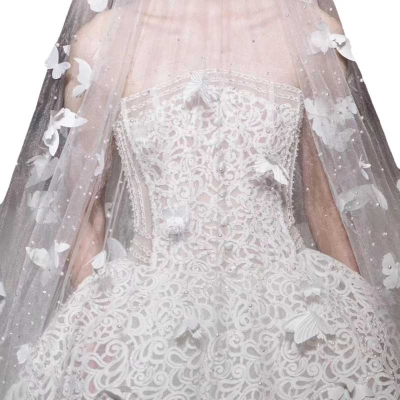 

Romantic 3D Butterflies Pearl Beaded Wedding Veil Without Comb One Layer Long Cathedral Bridal Veil Marriage Accessories